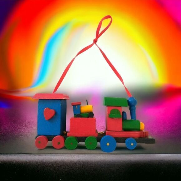 Vtg Wood Train Ornament Locomotive Christmas Primary Colors Painted Choo Choo. - Picture 1 of 16